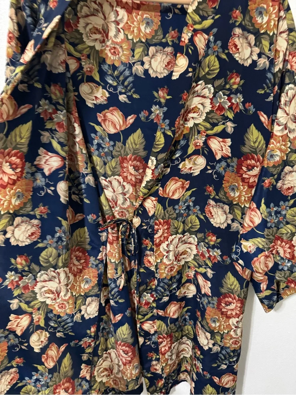 Vintage 90s Victoria’s Secret Gold Label Floral Robe Navy Waist Tie Kimono-Large